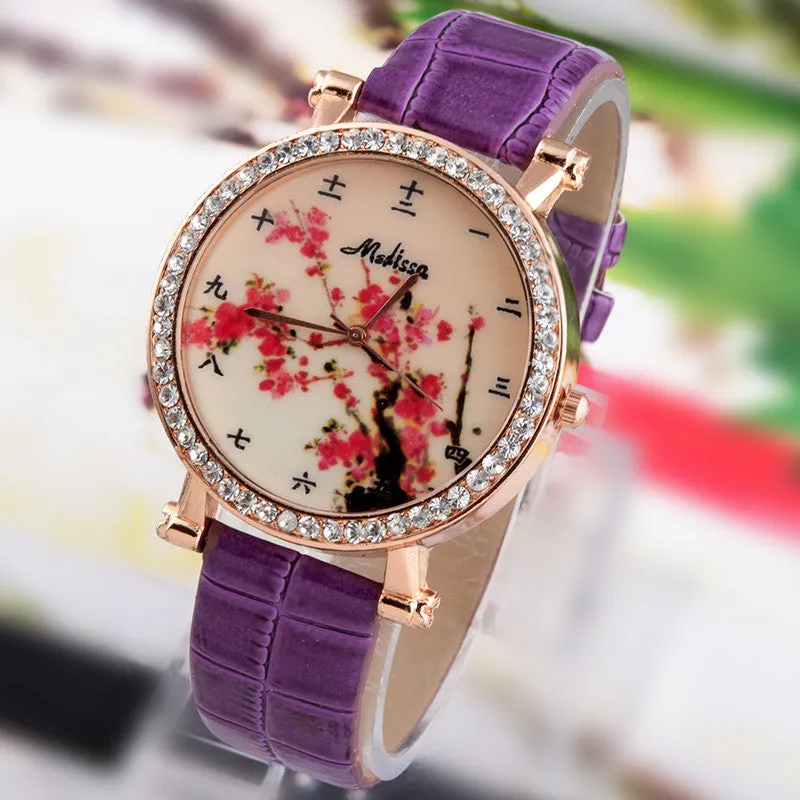 Hot Sale Fashion Lady flower Watches Women Dress Watch Vintage PU Leather Strap Watches