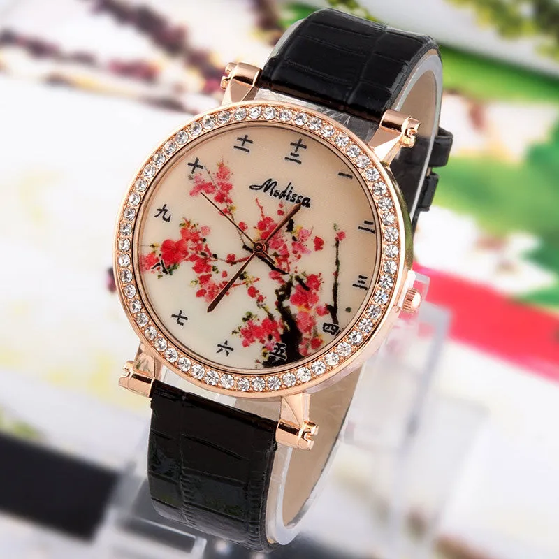 Hot Sale Fashion Lady flower Watches Women Dress Watch Vintage PU Leather Strap Watches