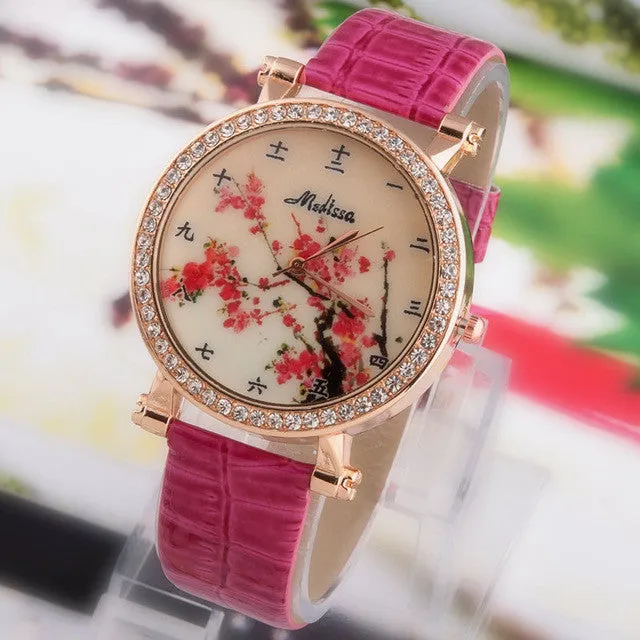 Hot Sale Fashion Lady flower Watches Women Dress Watch Vintage PU Leather Strap Watches