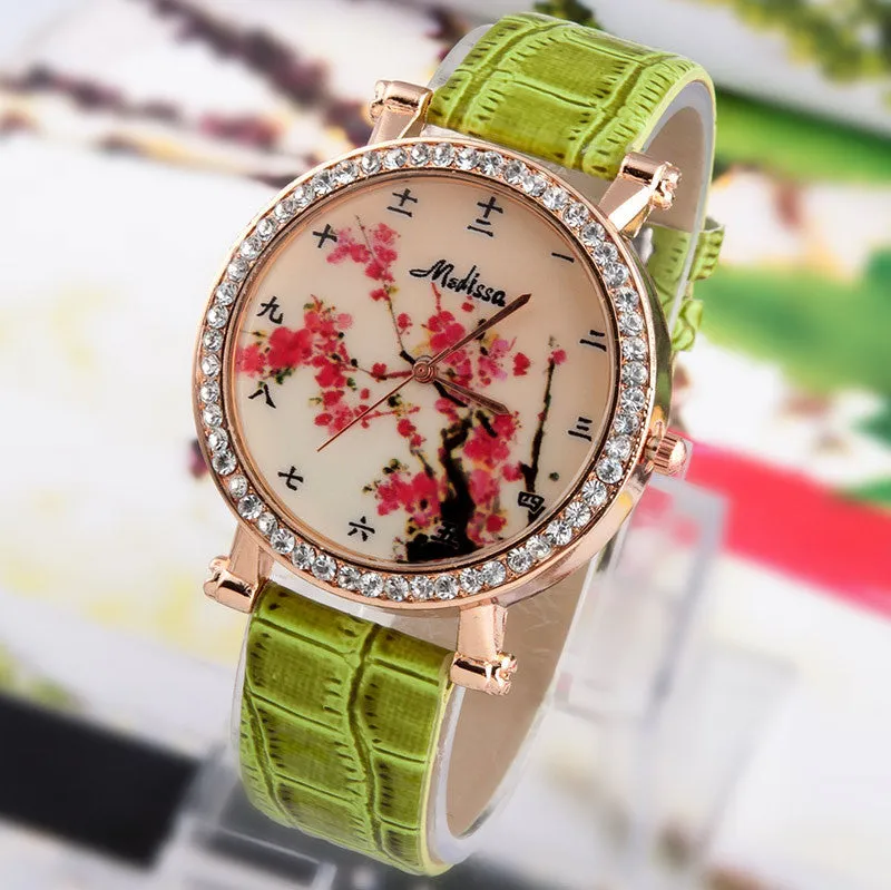 Hot Sale Fashion Lady flower Watches Women Dress Watch Vintage PU Leather Strap Watches