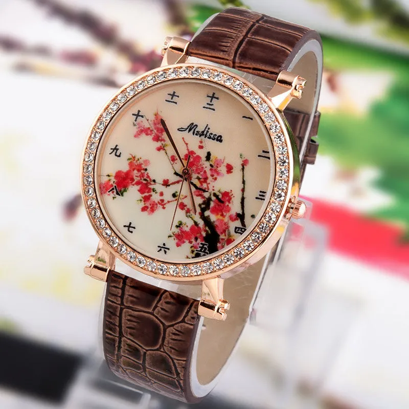 Hot Sale Fashion Lady flower Watches Women Dress Watch Vintage PU Leather Strap Watches