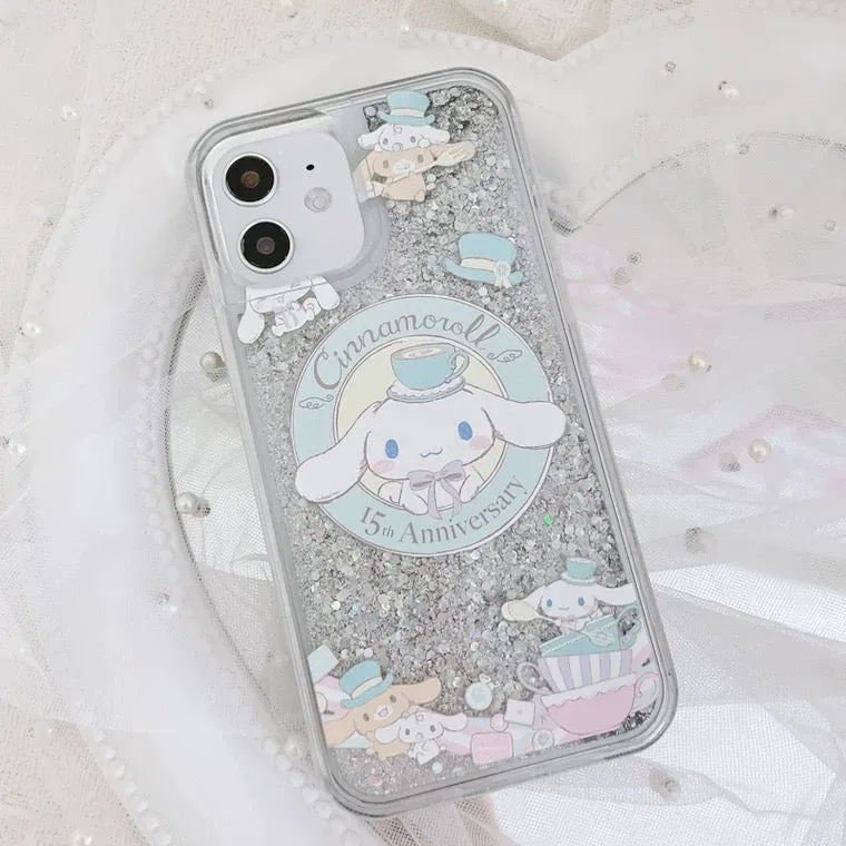 Japanese Cartoon Cinnamoroll Alice Tea Party - Silver Glitter QuickSand iPhone Case 6 7 8 PLUS SE2 XS XR X 11 12 13 14 15 Pro Promax 12mini 13mini