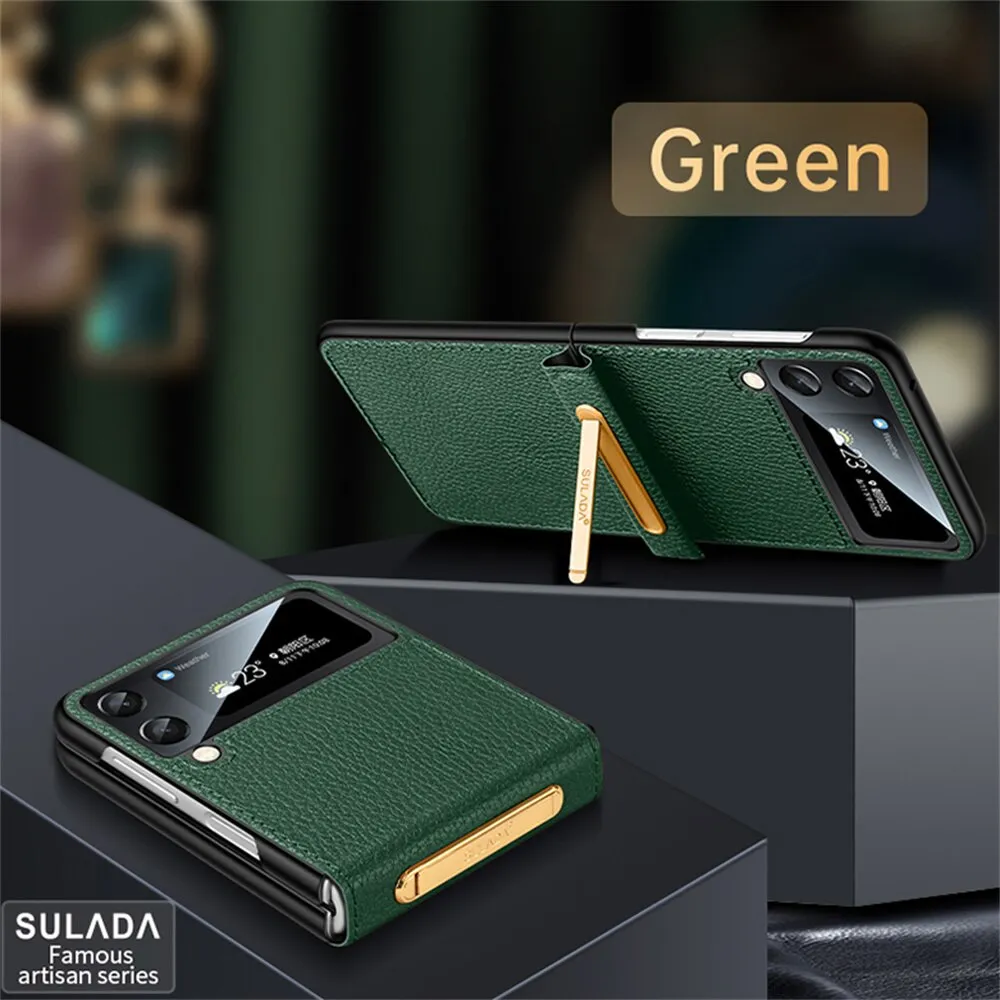 Leather Hard Phone Case With Leather Bracket For Samsung Galaxy Z Flip 4 3