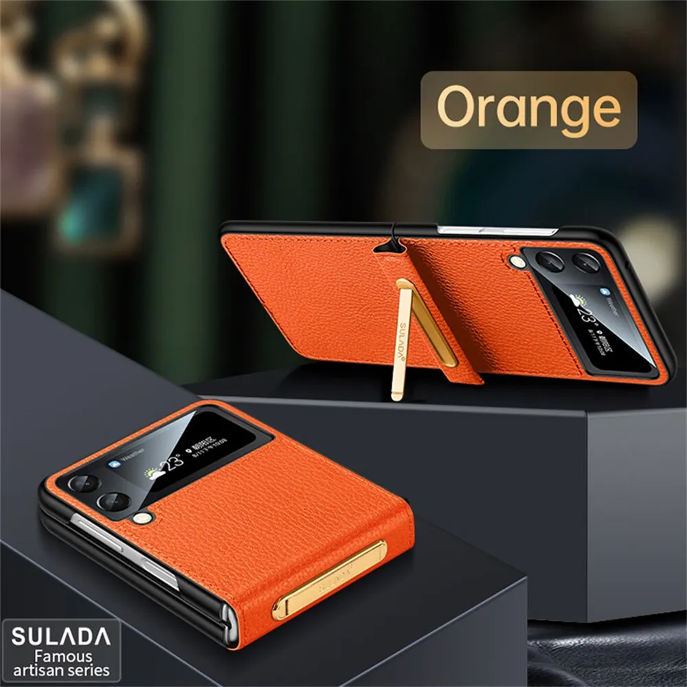 Leather Hard Phone Case With Leather Bracket For Samsung Galaxy Z Flip 4 3