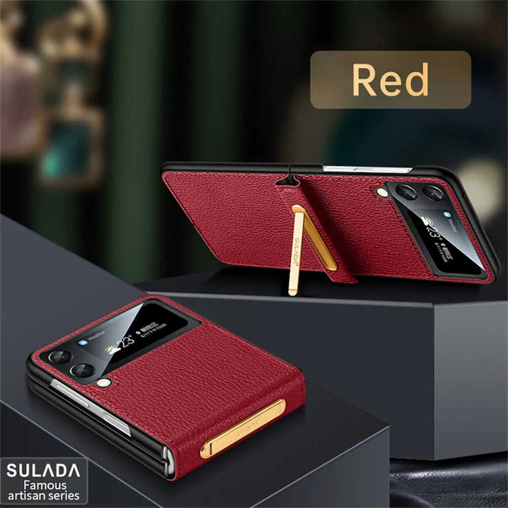 Leather Hard Phone Case With Leather Bracket For Samsung Galaxy Z Flip 4 3