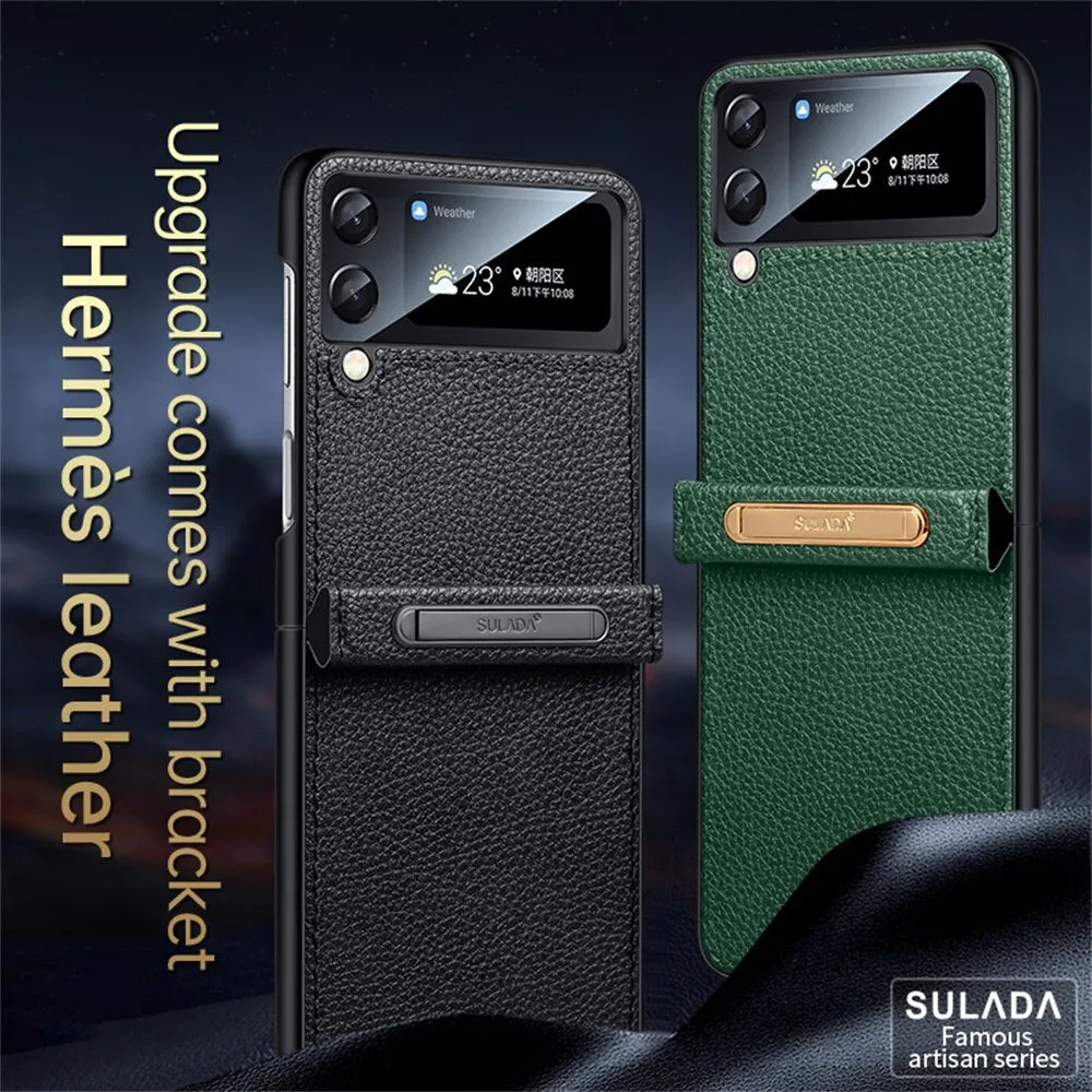 Leather Hard Phone Case With Leather Bracket For Samsung Galaxy Z Flip 4 3