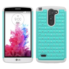 LG G3 Stylus Rhinestone Case , Slim Hybrid Dual Layer[Shock Resistant] Crystal Rhinestone Studded Case Cover - Baby Teal/White