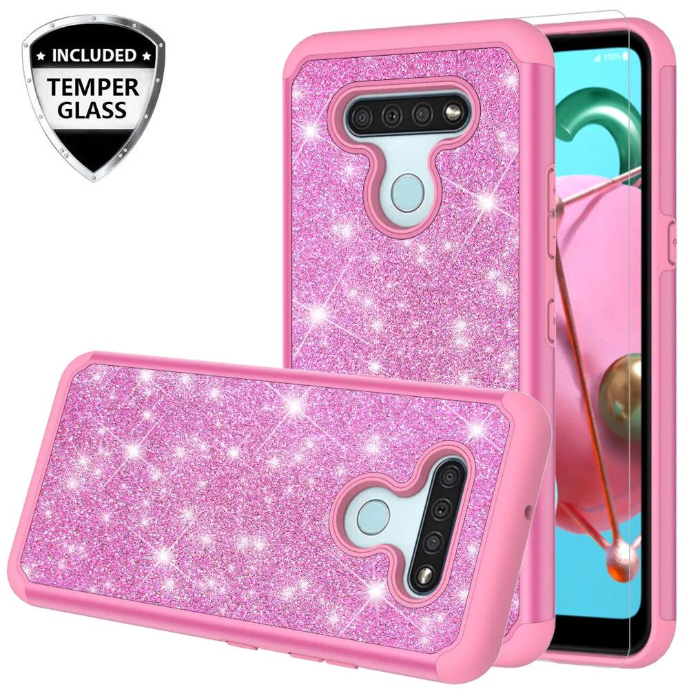 LG K51 Case, Glitter Bling Heavy Duty Shock Proof Hybrid Case with [HD Screen Protector] Dual Layer Protective Phone Case Cover for LG K51 - Hot Pink