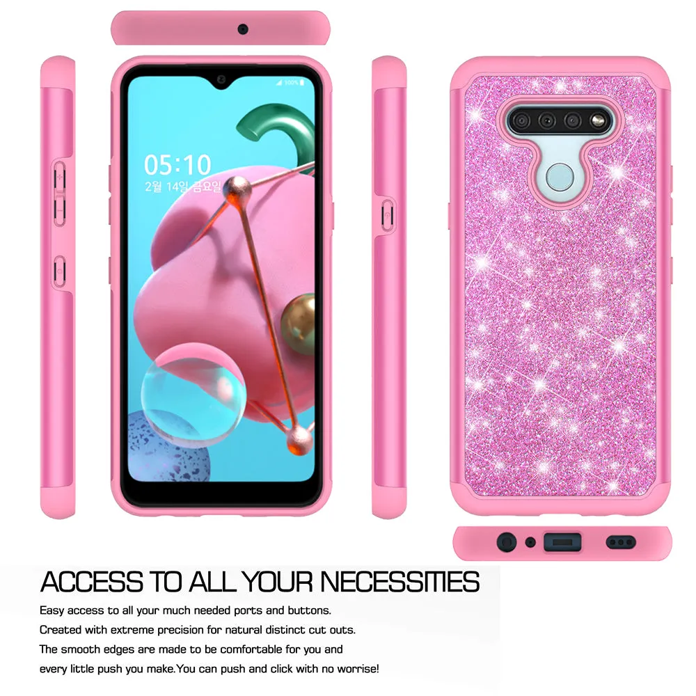 LG K51 Case, Glitter Bling Heavy Duty Shock Proof Hybrid Case with [HD Screen Protector] Dual Layer Protective Phone Case Cover for LG K51 - Hot Pink