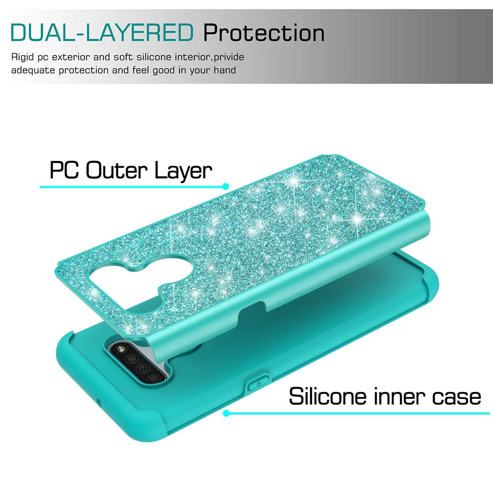 LG K51 Case, Glitter Bling Heavy Duty Shock Proof Hybrid Case with [HD Screen Protector] Dual Layer Protective Phone Case Cover for LG K51 - Teal