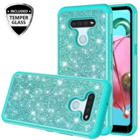 LG K51 Case, Glitter Bling Heavy Duty Shock Proof Hybrid Case with [HD Screen Protector] Dual Layer Protective Phone Case Cover for LG K51 - Teal