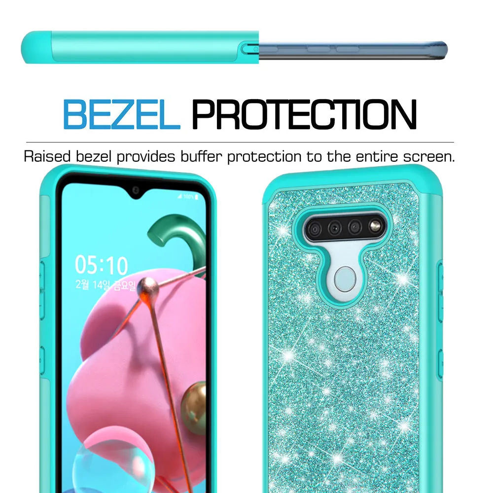 LG K51 Case, Glitter Bling Heavy Duty Shock Proof Hybrid Case with [HD Screen Protector] Dual Layer Protective Phone Case Cover for LG K51 - Teal