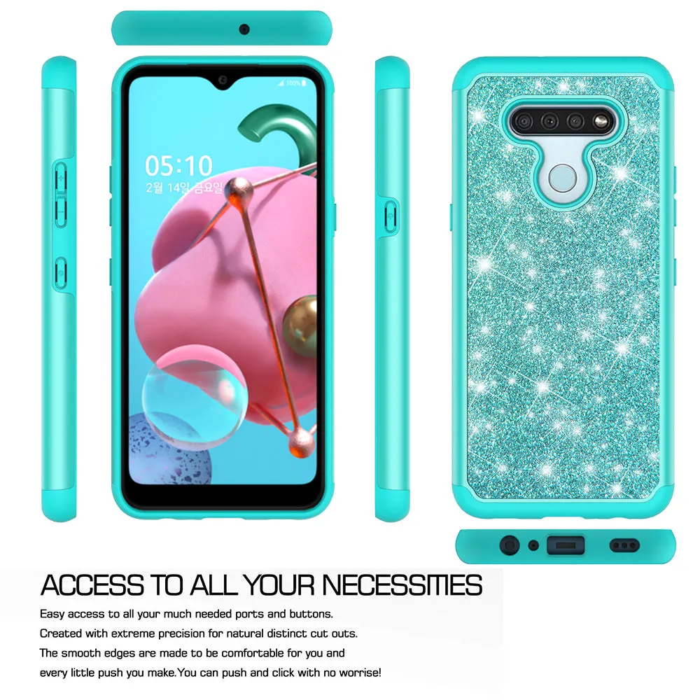 LG K51 Case, Glitter Bling Heavy Duty Shock Proof Hybrid Case with [HD Screen Protector] Dual Layer Protective Phone Case Cover for LG K51 - Teal