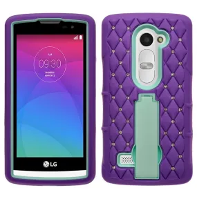 LG Leon LTE Case | Lg Tribute 2 Case | LG Power | LG Sunset | LG Destiny | LG Risio Case, Heavy Duty Armor Diamond Rhinestone Hybrid Case with Kickstand - Purple/Teal