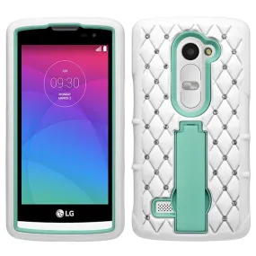 LG Leon LTE Case | Lg Tribute 2 Case | LG Power | LG Sunset | LG Destiny | LG Risio Case, Heavy Duty Armor Diamond Rhinestone Hybrid Case with Kickstand - White/Teal