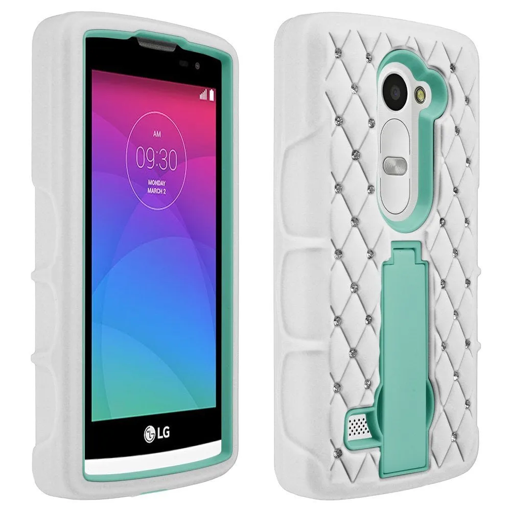 LG Leon LTE Case | Lg Tribute 2 Case | LG Power | LG Sunset | LG Destiny | LG Risio Case, Heavy Duty Armor Diamond Rhinestone Hybrid Case with Kickstand - White/Teal