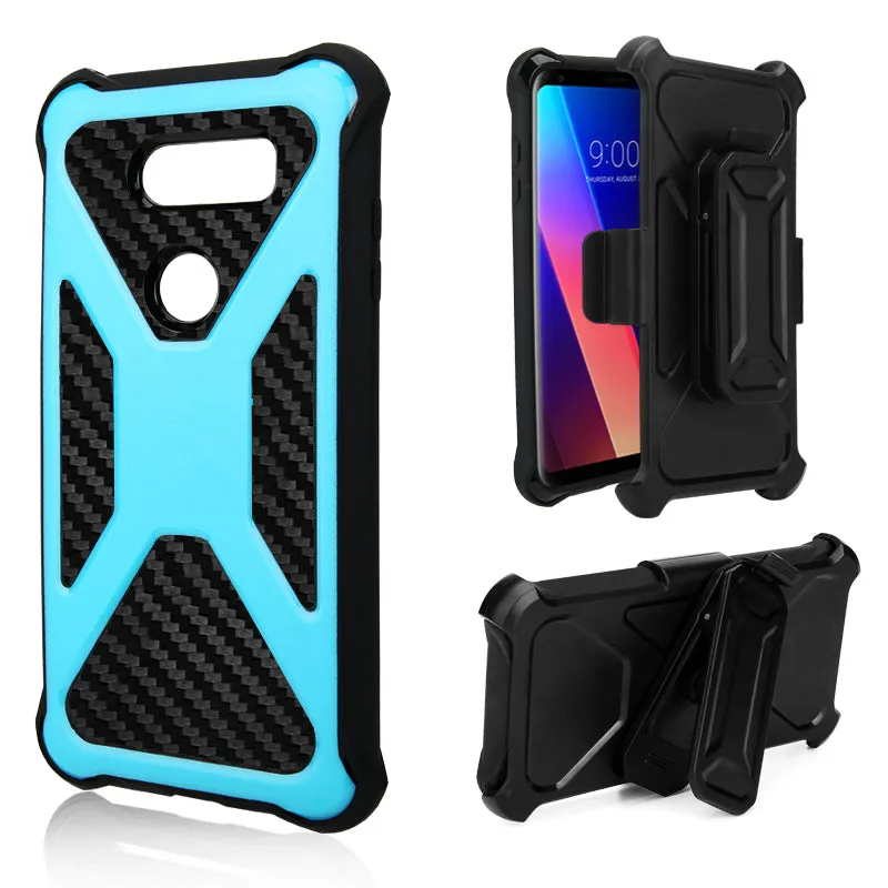 LG V30 Case, LG V30 Plus, Rugged Slim Rotating Holster Swivel Lock Carbon Fiber Combo Clip Case Cover - Teal