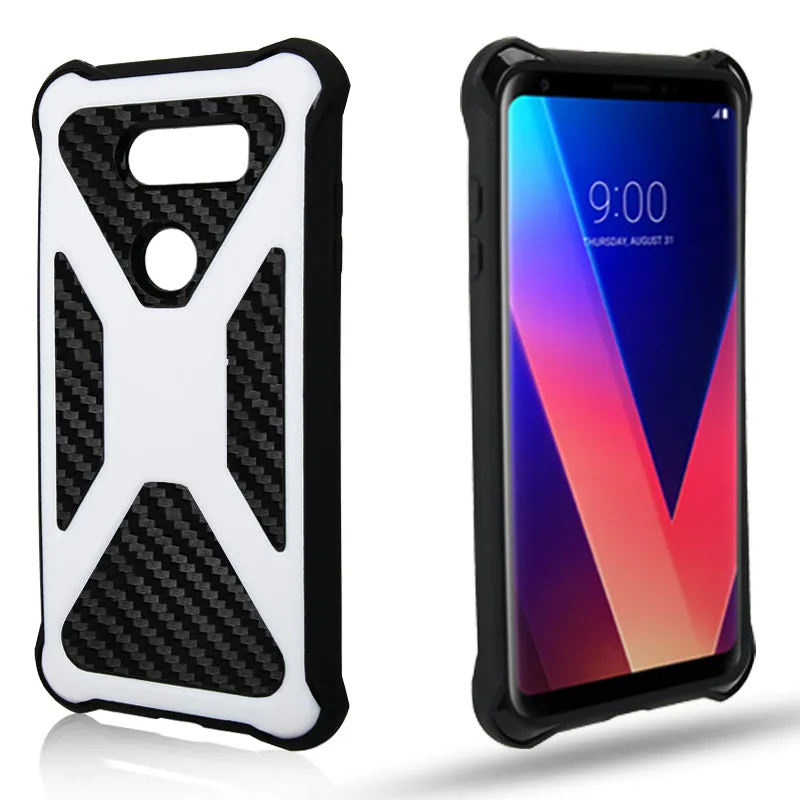 LG V30 Case, LG V30 Plus, Rugged Slim Rotating Holster Swivel Lock Carbon Fiber Combo Clip Case Cover - White