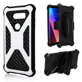 LG V30 Case, LG V30 Plus, Rugged Slim Rotating Holster Swivel Lock Carbon Fiber Combo Clip Case Cover - White