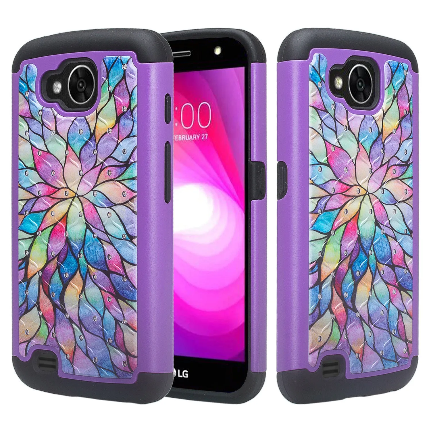 LG V9 Case, X Calibur Case, X Venture, Slim Crystal Rhinestone Hybrid Dual Layer[Shock Resistant] Case Cover - Rainbow Flower