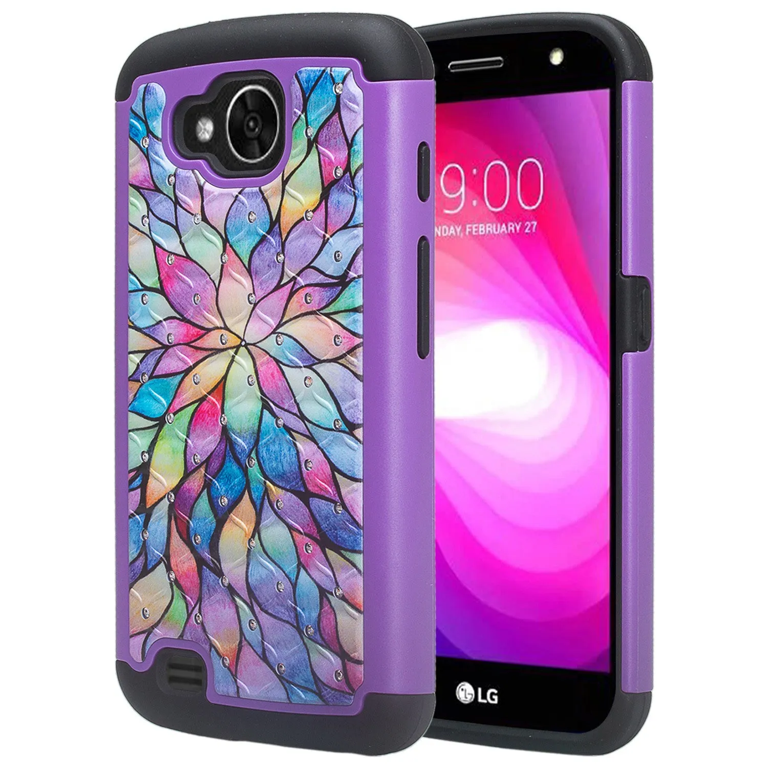 LG V9 Case, X Calibur Case, X Venture, Slim Crystal Rhinestone Hybrid Dual Layer[Shock Resistant] Case Cover - Rainbow Flower