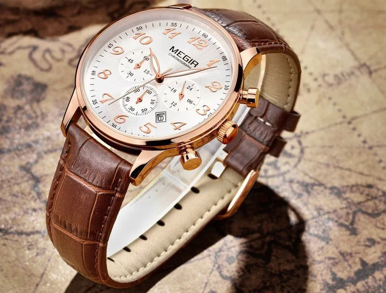 MEGIR New Chronograph 24 Hours Men Watch Leather Strap Business Casual Watch Quartz Watch Men Wristwatch