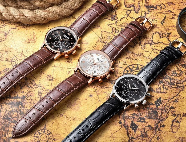 MEGIR New Chronograph 24 Hours Men Watch Leather Strap Business Casual Watch Quartz Watch Men Wristwatch