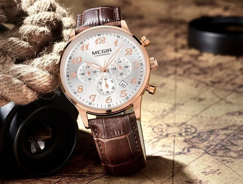 MEGIR New Chronograph 24 Hours Men Watch Leather Strap Business Casual Watch Quartz Watch Men Wristwatch