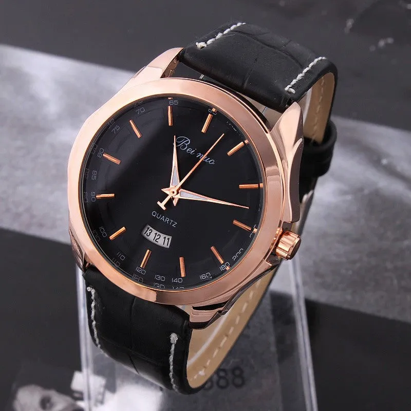 Men's Leather Watches Analog rose gold Steel Case Quartz Watch with Calendar Fashion Casual Wristwatch