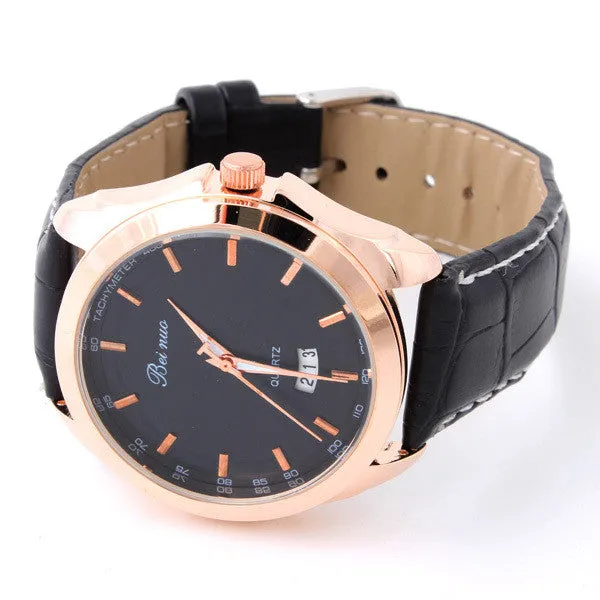 Men's Leather Watches Analog rose gold Steel Case Quartz Watch with Calendar Fashion Casual Wristwatch