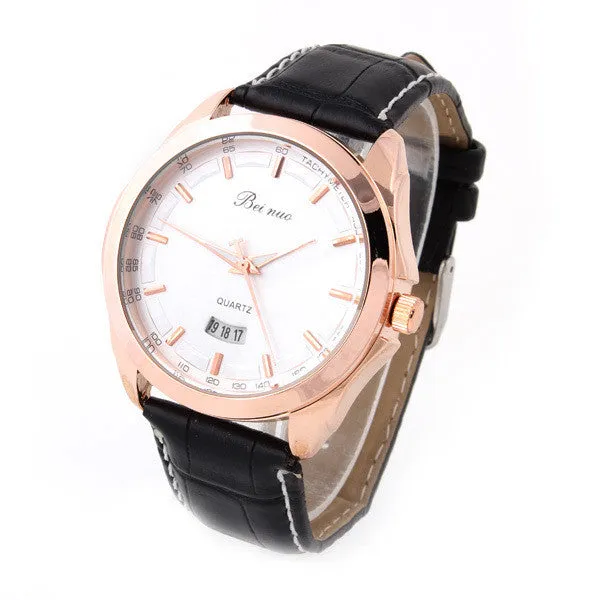 Men's Leather Watches Analog rose gold Steel Case Quartz Watch with Calendar Fashion Casual Wristwatch