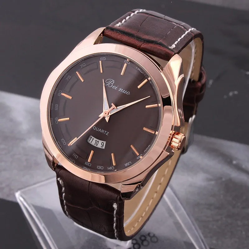 Men's Leather Watches Analog rose gold Steel Case Quartz Watch with Calendar Fashion Casual Wristwatch