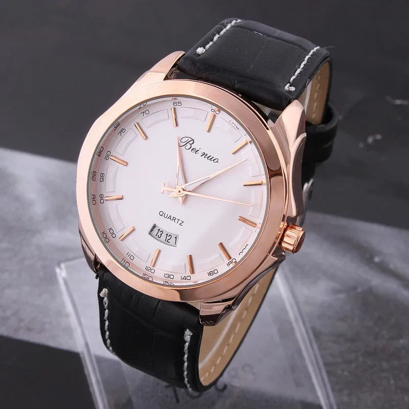 Men's Leather Watches Analog rose gold Steel Case Quartz Watch with Calendar Fashion Casual Wristwatch