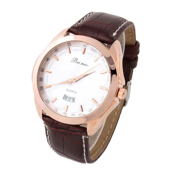 Men's Leather Watches Analog rose gold Steel Case Quartz Watch with Calendar Fashion Casual Wristwatch