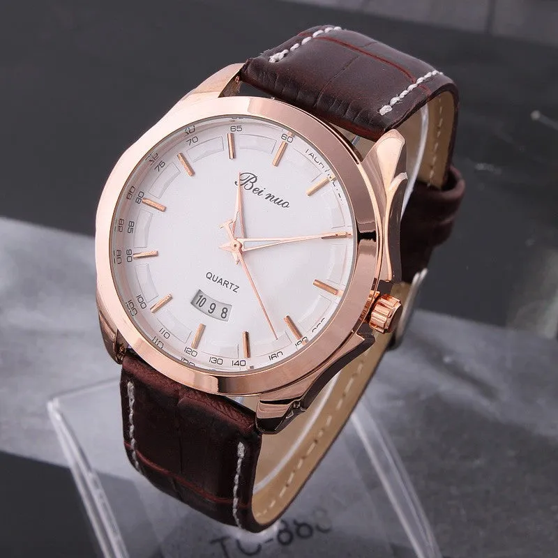 Men's Leather Watches Analog rose gold Steel Case Quartz Watch with Calendar Fashion Casual Wristwatch