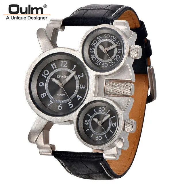 Mens Watches Oulm Top Brand Luxury Military Quartz Watch Unique 3 Small Dials Leather Strap Male Wristwatch Relojes Hombre