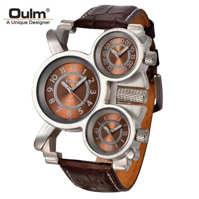 Mens Watches Oulm Top Brand Luxury Military Quartz Watch Unique 3 Small Dials Leather Strap Male Wristwatch Relojes Hombre