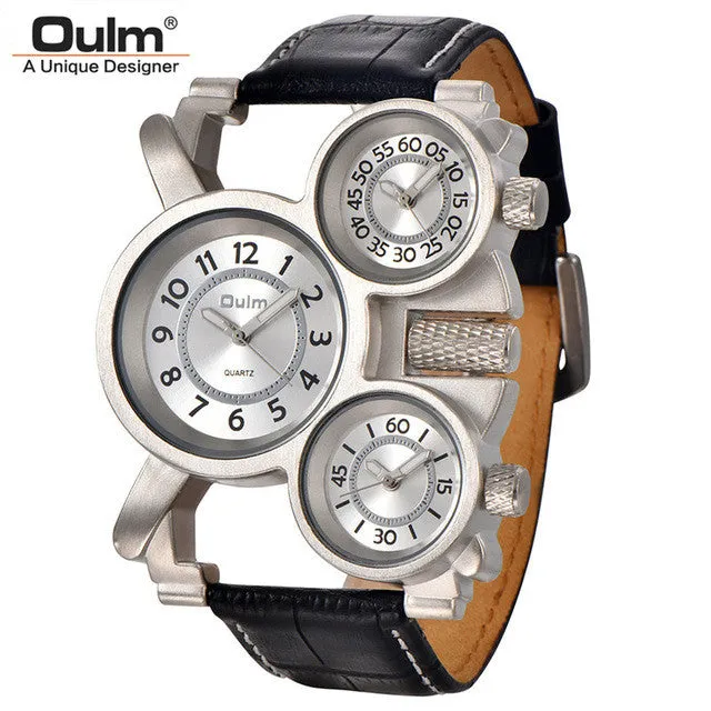 Mens Watches Oulm Top Brand Luxury Military Quartz Watch Unique 3 Small Dials Leather Strap Male Wristwatch Relojes Hombre