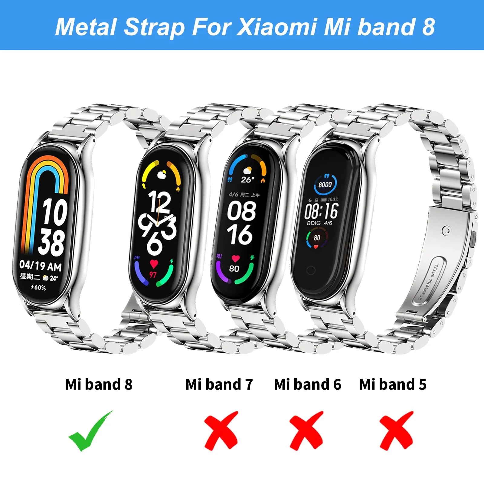 Metal Watch Strap For Xiaomi Mi Band 8 / Xiaomi Smart Band 8 - Silver