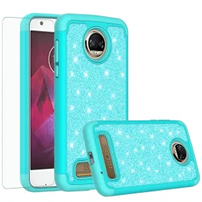 Motorola Moto Z2 Force Case, Glitter Bling Heavy Duty Shock Proof Hybrid Case with [HD Screen Protector] Dual Layer Protective Phone Case Cover for Moto Z2 Force - Teal