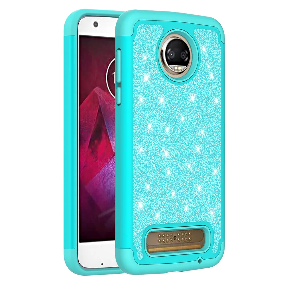 Motorola Moto Z2 Force Case, Glitter Bling Heavy Duty Shock Proof Hybrid Case with [HD Screen Protector] Dual Layer Protective Phone Case Cover for Moto Z2 Force - Teal