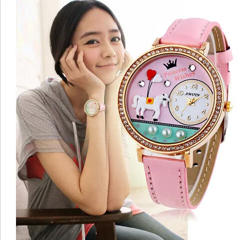 New Amtun Mini Korean Clay Women Dress Watch Cartoon Rhinestones Cute Leather Girls Wristwatch