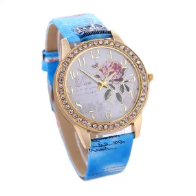 New Fashion Chinese Style Peony Pattern Watch Gilt Digital Quartz Casual Leather Clock Women Dress Cartoon Wristwatch