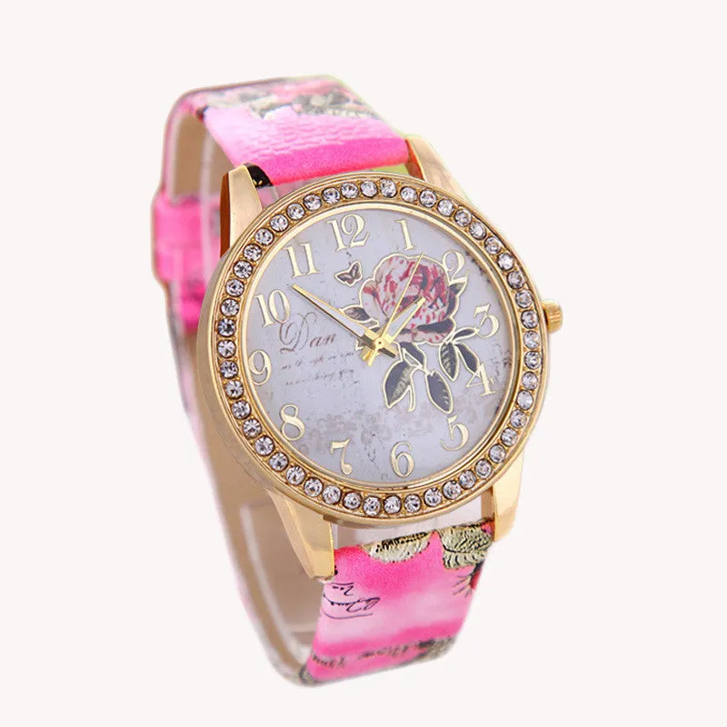 New Fashion Chinese Style Peony Pattern Watch Gilt Digital Quartz Casual Leather Clock Women Dress Cartoon Wristwatch