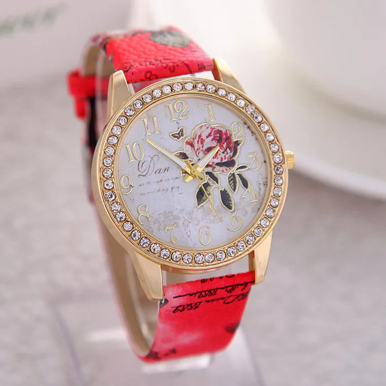 New Fashion Chinese Style Peony Pattern Watch Gilt Digital Quartz Casual Leather Clock Women Dress Cartoon Wristwatch