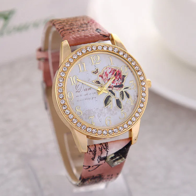 New Fashion Chinese Style Peony Pattern Watch Gilt Digital Quartz Casual Leather Clock Women Dress Cartoon Wristwatch