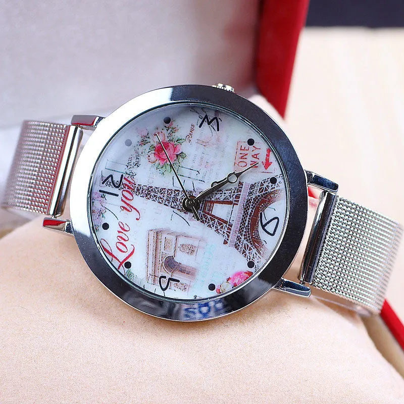 New Fashion Eiffel Tower Watch Stainless Steel Watch for Women Dress Watch Flower Watch