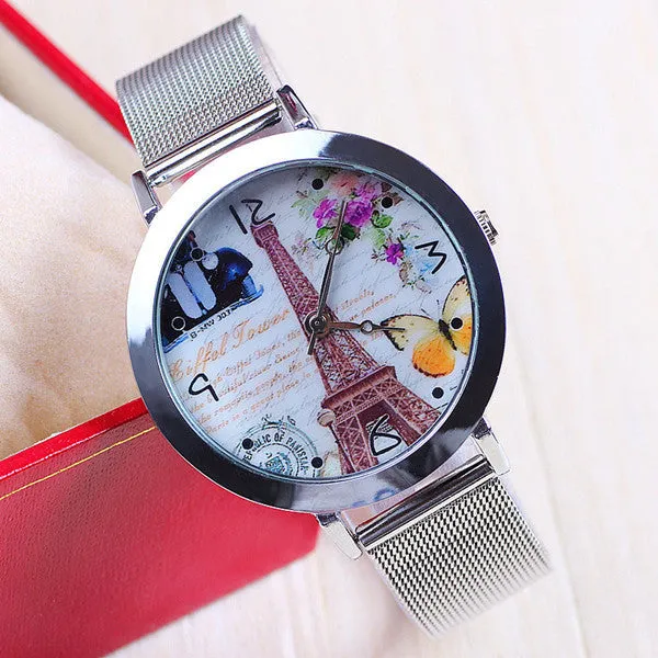 New Fashion Eiffel Tower Watch Stainless Steel Watch for Women Dress Watch Flower Watch