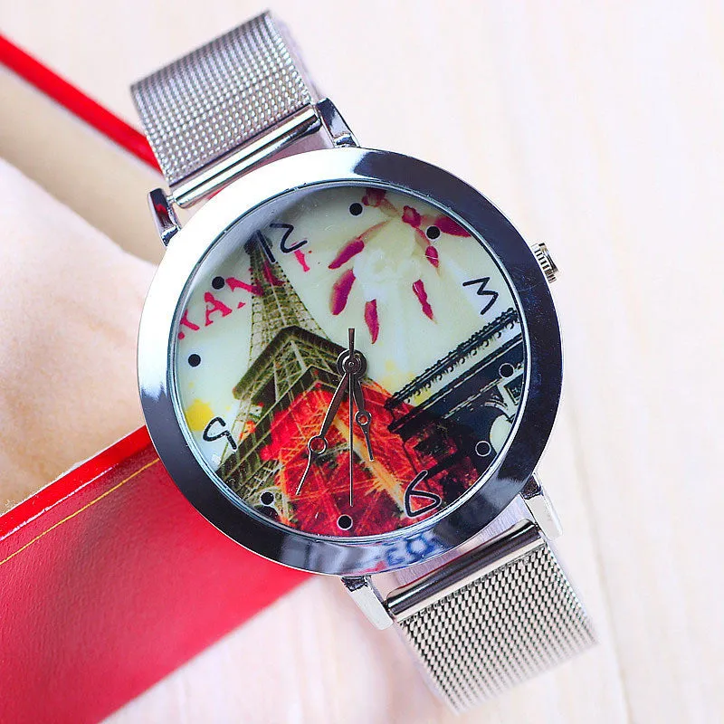 New Fashion Eiffel Tower Watch Stainless Steel Watch for Women Dress Watch Flower Watch