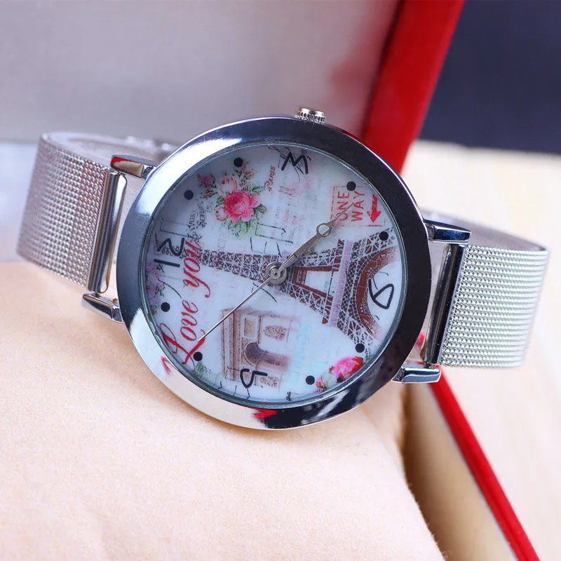 New Fashion Eiffel Tower Watch Stainless Steel Watch for Women Dress Watch Flower Watch